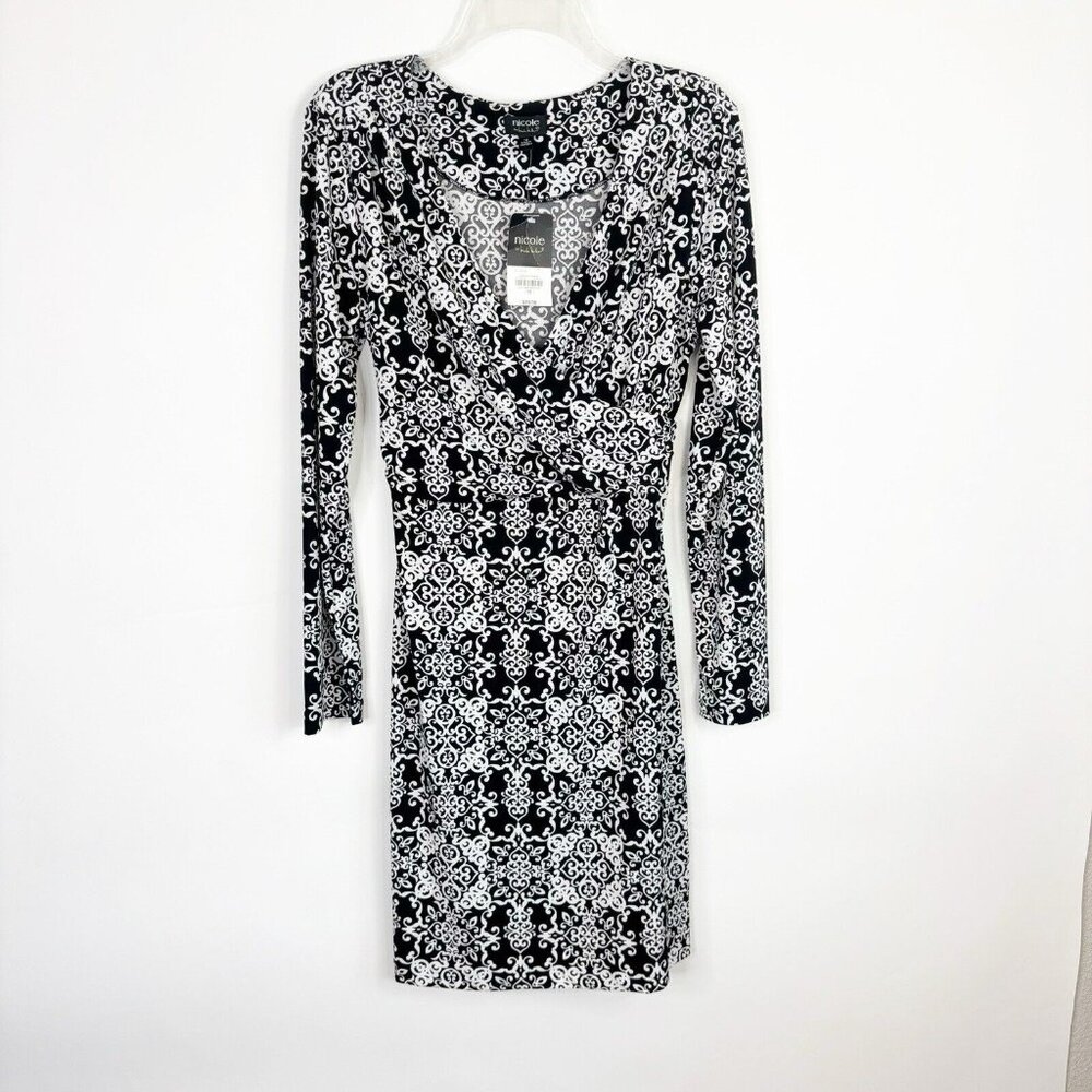 Nicole By Nicole Miller Dress 12 Black and White Faux Wrap Back Tie Long Sleeve